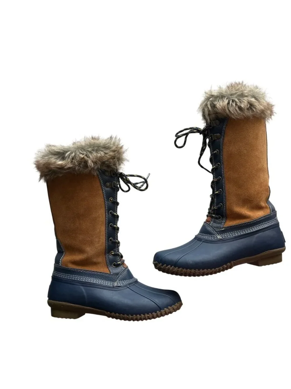 Duck Boots Lace Up Sporto Leather Tan Navy Fur Lined Waterproof Side Zip Size 7